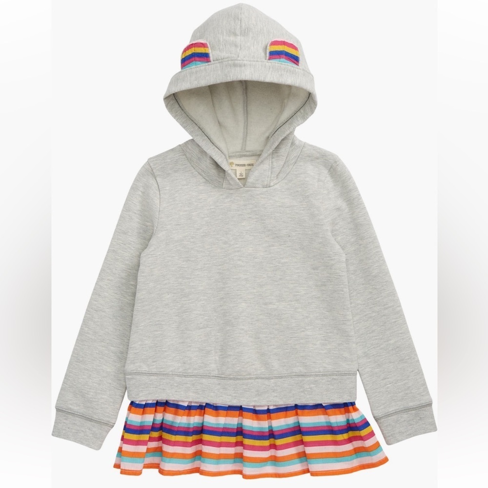 Tucker + Tate Gray Hoodie Animal Ear Ruffle Hem with Rainbow Stripes Size 2Y